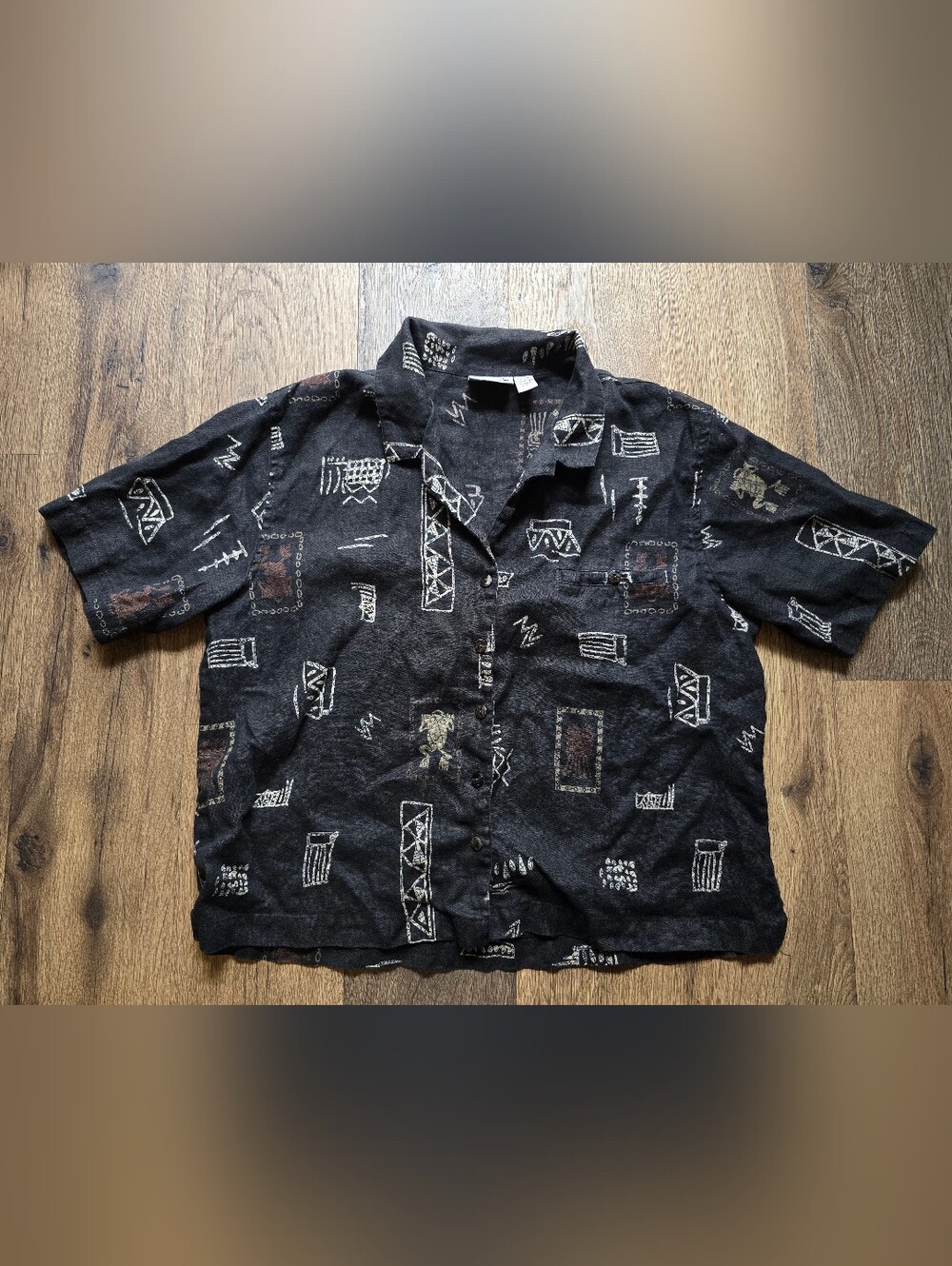 Vintage Chico Designs Womens Black Patterned Button-Up 100% Linen Shirt